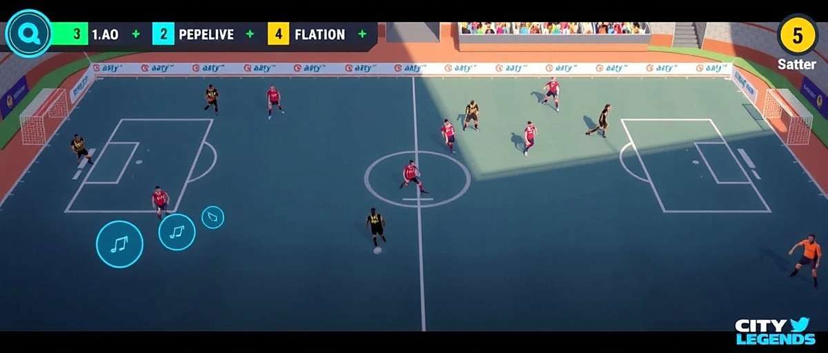 City Football Legends gameplay showing a set piece situation with players positioned in the box